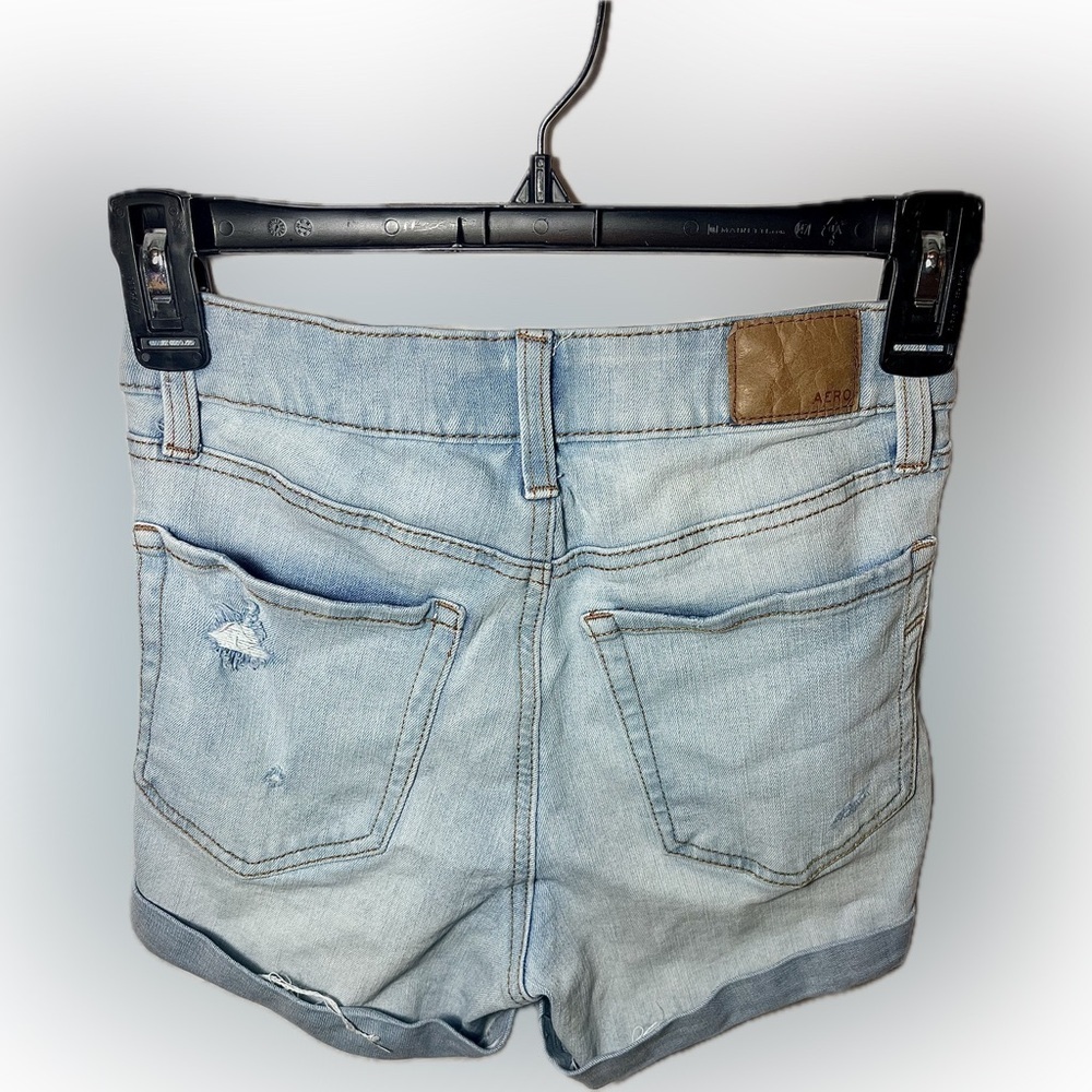 Aeropostale Super High Rise MIDI Light Blue Distressed Jean Shorts - Picture 3 of 5